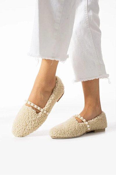 LEONILL Women's Woolen Pearl Winter Ballerinas Home and Outdoor Shoes