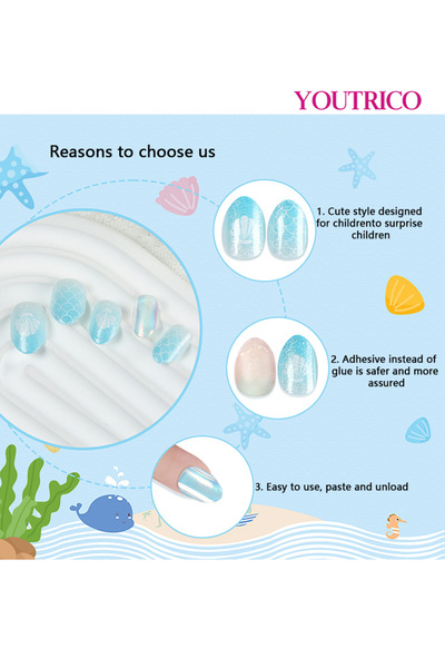 Youtrico 24pcs kid's Press On Nails,Fake Nails,Cute rabbits, Ocean shells,Suit for over 3 years,gifts for kid