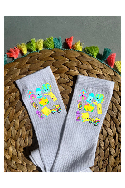 Tubinyoo White Colored Patterned Girls' Knee-Length School Socks