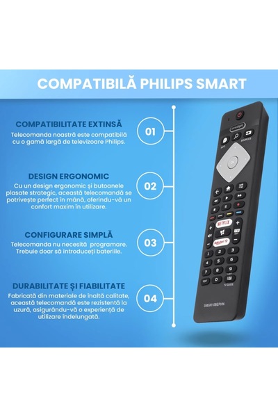 Evo Universal Remote Control for Smart TV Philips 398GR10BEPHN, Ambilight, evoremote®, Black, Batteries
