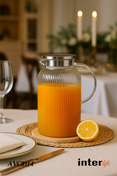 İnterlife Paslanmaz Çelik Kapaklı Cam Sürahi Vakumlu ve Süzgeçli Kapak Çizgil...