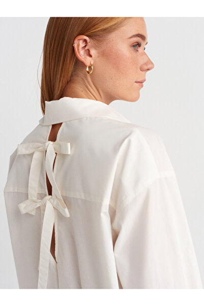 Dilvin 50510 Cotton Long Sleeve Shirt with Back Window Detail and Bow - Ecru