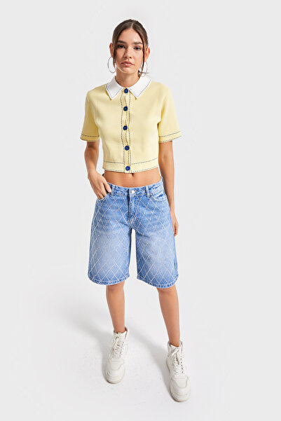 its basic Kadın Kot Rengi T-2s5-4 Baggy Bermuda Fit Parlak Taşlı %100 Koton Tasarım Denim Jean