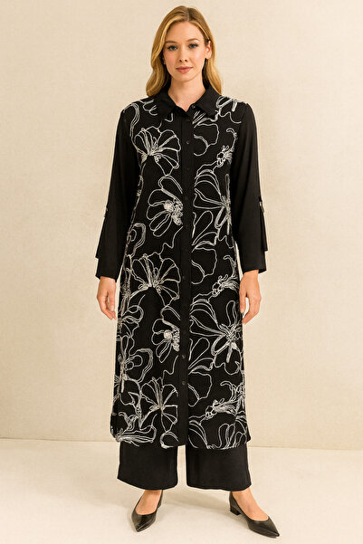 Gazella 42881 ÖNÜ DÜĞMELİ KOLU KATLANIR ÖNÜ ÇİÇEK BASKI DETAYLI UZUN TUNİK #0...