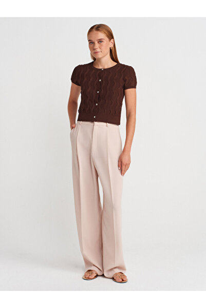 Dilvin 60980 Πλεκτό πουλόβερ με λαιμόκοψη με κουμπιά-Καφέ