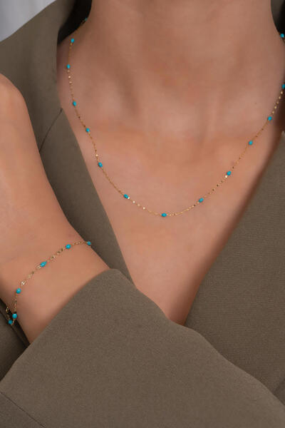 Bayar Gold 14 Ayar Altın Turkuaz Mineli Aynalı Zincir Kolye Bileklik Set