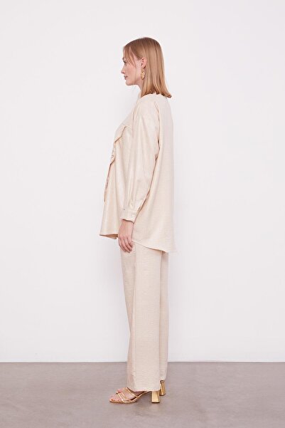 Levidor A.Beige Embroidered Rose Detailed Tunic Set