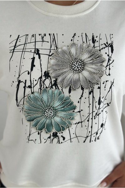 FEMELLE White Stone and Bead Embroidered Floral Patterned 100% Cotton Sweatshirt