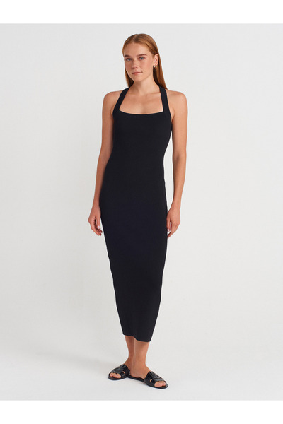 Dilvin 90253 Halter Neck Ribbed Knitwear Dress-Black