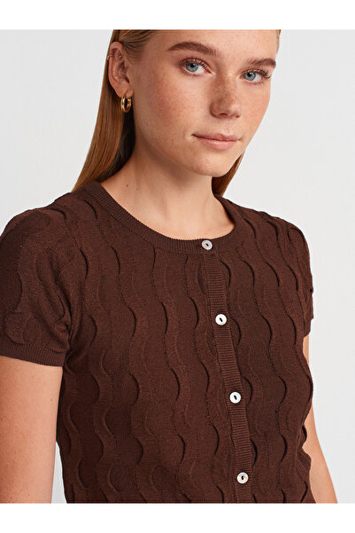 Dilvin 60980 Πλεκτό πουλόβερ με λαιμόκοψη με κουμπιά-Καφέ