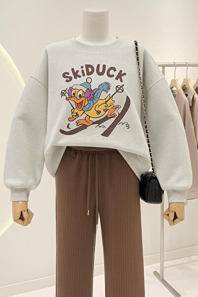 E-ROMA Hanorac unisex cu imprimeu SkiDUCK din bumbac pieptănat cu 3 fire