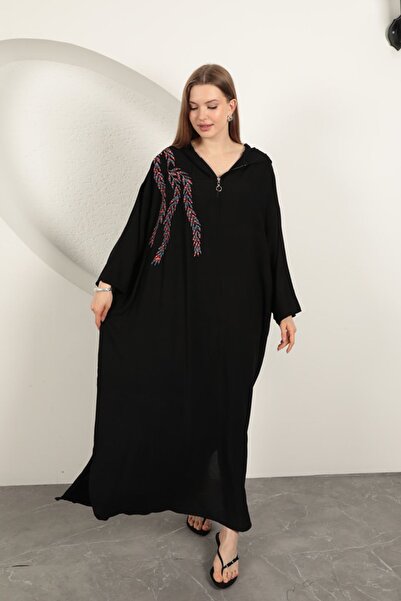 BEEMU Viscose Leaf Embroidered Dress-Black