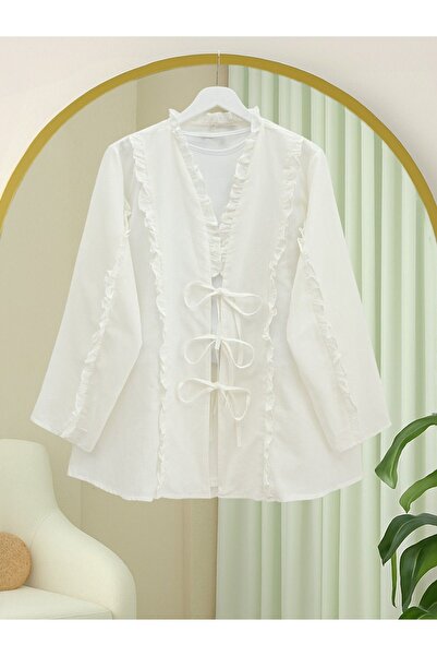 Modamorfo Linen Shirt with Ruffle Front and Sleeves - White