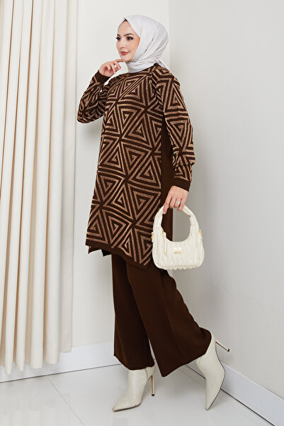 KAYA BUTİK Silvery Geometry Patterned Tunic with Knitwear Pants