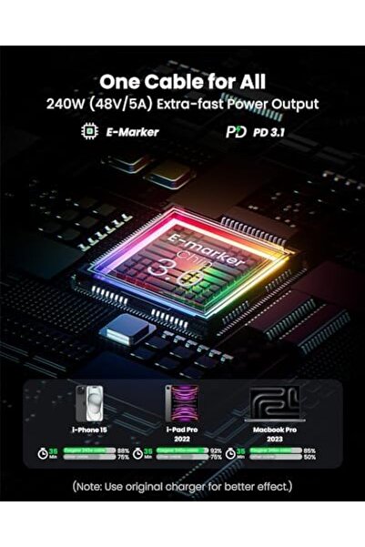 Fasgear 240W USB C to USB C Cable 3.3ft Retractable 5A Fast Charging Type C Cord for 100W USB C Char