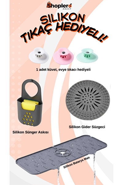 Shoplero Üçlü Antrasit Silikon Mutfak Seti, Lavabo Matı, Süzgeç, Sünger Askılık