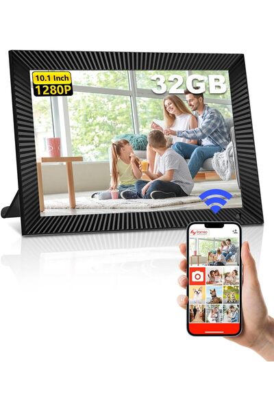 PINREK إطار صور رقمي Frameo مقاس 10.1 بوصة، مزود بتقنية WiFi، وذاكرة 32 جيجابايت، وشاشة لمس عالية الدقة بدقة 1280×800