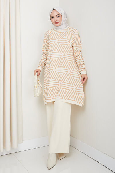 KAYA BUTİK Silvery Geometry Patterned Tunic with Knitwear Pants