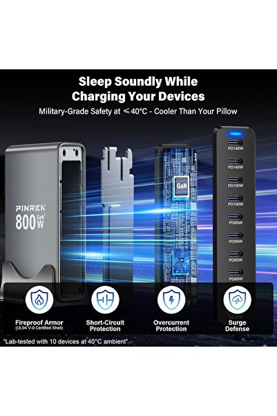 PINREK موزع شاحن GaN III USB-C بقوة 800 وات و10 منافذ مع كابل PD3.1 بقوة 140 وات وكابل 100 وات