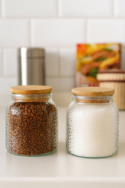 SİHİRLİ AYAKLAR 2-Piece Glass Jar with Bamboo Lid Glass Jar Storage Jar 11 cm