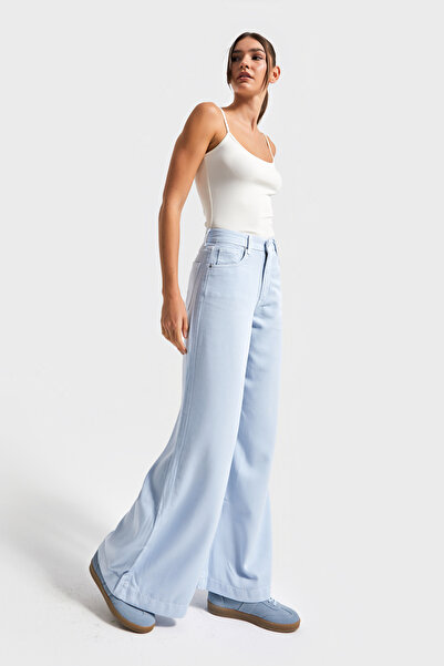 its basic Women's Baby Blue Color 6S5-103 Wide Leg Flare Fit Organic Cotton Viscose Fabric Trousers