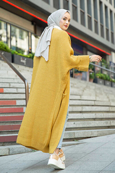 Zerenyus Μακρύ πλεκτό ζακέτα με μανίκια νυχτερίδας μουστάρδα