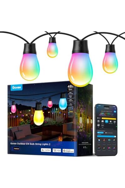Govee Outdoor String Lights 15M, Smart RGBIC Dimmable Warm White LED Bulbs, IP66 Waterproof Garden L
