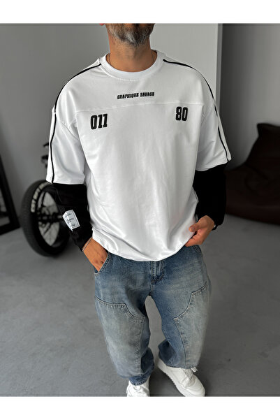 BYBASICMAN Beyaz Graphique Embossed Patchwork Sweatshirt Jj-106
