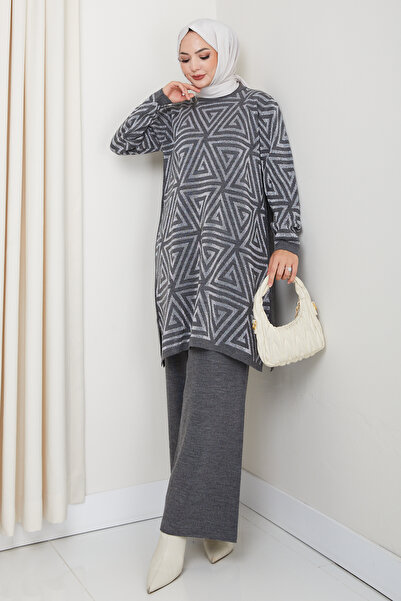 KAYA BUTİK Silvery Geometry Patterned Tunic with Knitwear Pants
