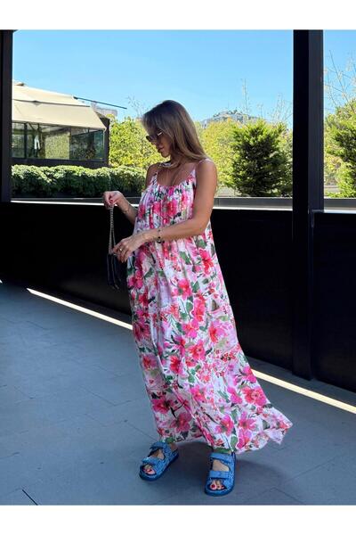 Maldia Shop Kadın İp Askılı Çiçek Desenli Pembe Elbise