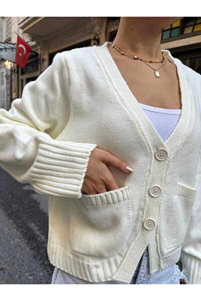 Lusin Women's Ecru Buttoned Pocket Premium Knitted Cardigan