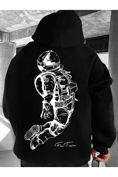 LORVANIY سويت شيرت رجالي أسود كبير الحجم مطبوع عليه رائد فضاء مع غطاء خلفي - ...