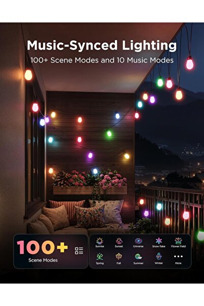Govee Outdoor String Lights 15M - Smart RGBIC Dimmable Warm White LED, IP66 Waterproof, 111 Scene Mo