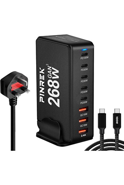 PINREK محطة شحن سريع 268 واط بـ 8 منافذ: محول شاحن PD 100 واط لسطح المكتب GaN...