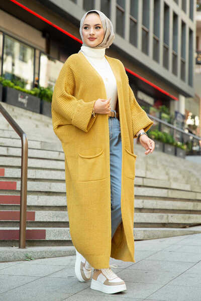Zerenyus Bat Sleeve Long Knitwear Cardigan Mustard