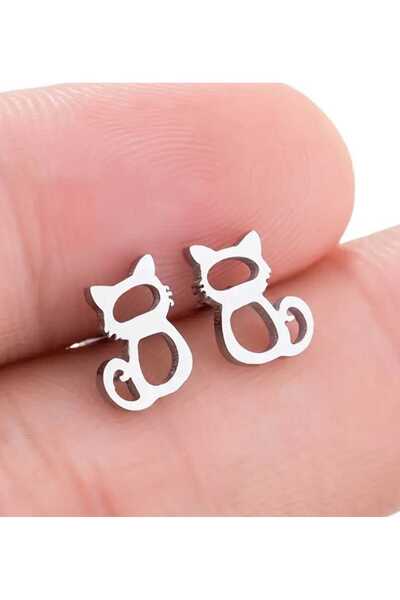 sarıyer silver Cat Figured Stoneless Design Stylish Minimal Model Steel Nail Style Earrings Suitable for Daily Use