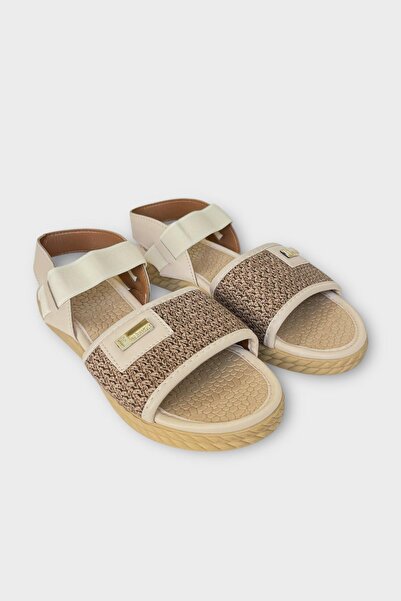 Liger Women's Straw Single Strap Rubber Detailed Sandals Beige