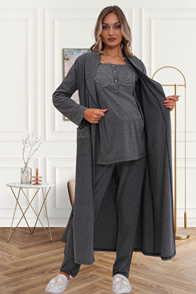 Mavelle Women's Lace Detailed Maternity Maternity Dressing Gown Pajama Set 6170