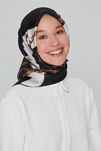 Armine Nostalgic Patterned 100% Twill Silk Scarf Black Gold White Pattern