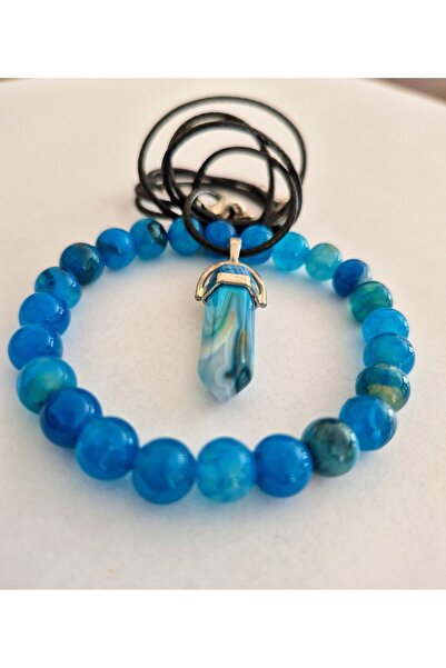 Anka aksesuar مجموعة أساور وقلادة من حجر العقيق الطبيعي - هدية - طاقة إيجابية...