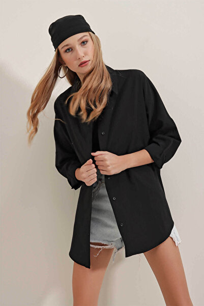 Bigdart Oversize Long Basic Black Women's Shirt 3900
