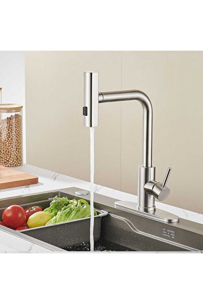 Elindor Baterie de bucătărie ® cu pulverizator extractibil, cioc înalt, finisaj nichel periat, argintiu
