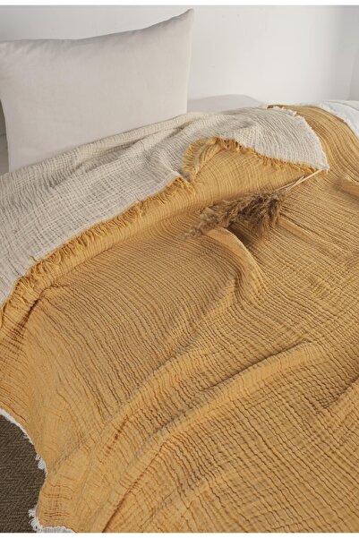 Cottonin Home Sarı Renk Çift Kişilik Müslin Yatak Örtüsü %100 Pamuk 220x240 Cm
