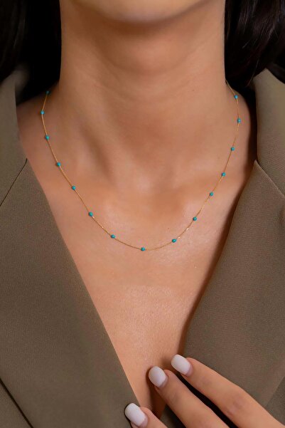 Bayar Gold 14 Ayar Altın Forse Zincir Turkuaz Mineli Kolye