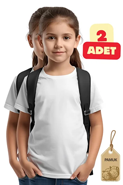 Difa School T-Shirt White Basic -Set of 2 T-Shirts- Girls Boys, Casual Crew Neck School T-Shirt (2-13)