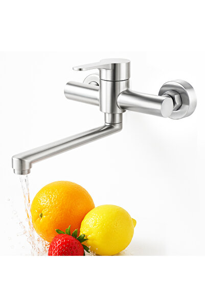 Elindor ® Silver Kitchen Sink Mixer, Recessed, Wall Mounted Kitchen Faucet, 360°, Brushed Finish