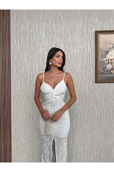 ESRAHELVACI Thin Strap Front Knotted Slit Dress