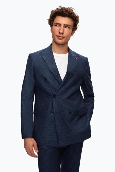 D'S Damat Ds Damat Slim Fit Lacivert Kazayağı Keten Karışımlı Kruvaze Takim Elbise
