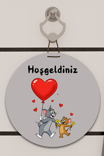 Dormot Dijital Baskı Gri, Standart, Kalpli Tom ve Jery Temalı, Kapı süsü, Duv...