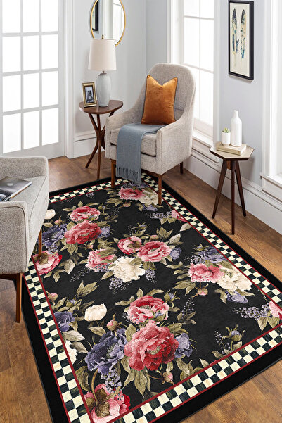 Emiroğlu Dama Çerçeve Çiçekli Motif Kaymaz Taban Salon Halısı – Yıkanabilir, Şık ve Konforlu Tasarım